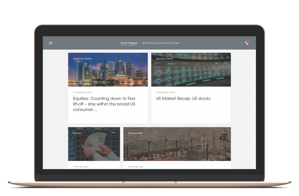 A laptop displaying the Daily Digest page of the Bank of Singapore Digital Services app.