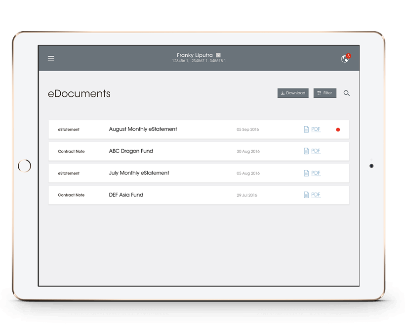 A tablet displaying the eDocuments page of the Bank of Singapore Digital Services app.
